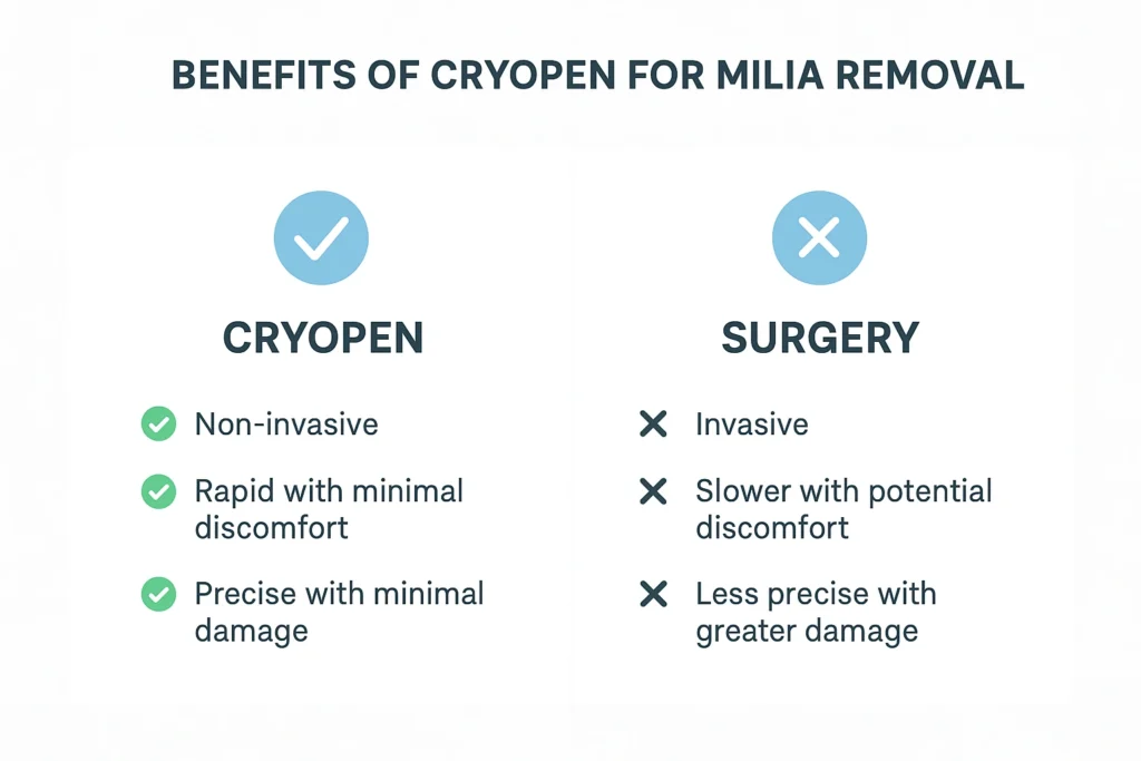 Benefits of cryopen for milia removal Sandy compared to surgical treatments.