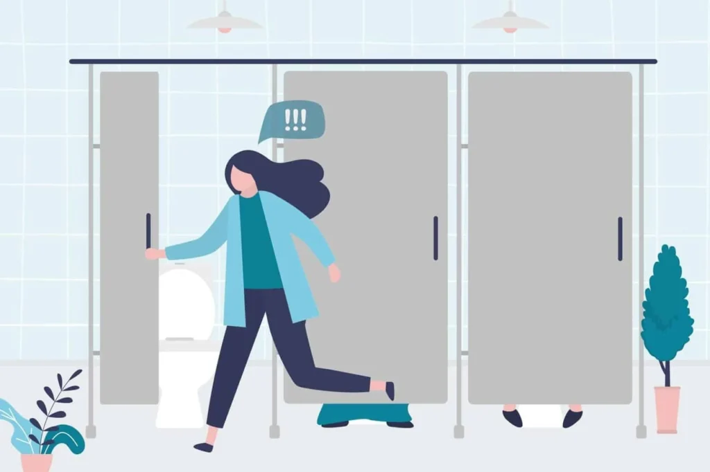 graphic of Urine incontinence Sandy woman running to the toilet.