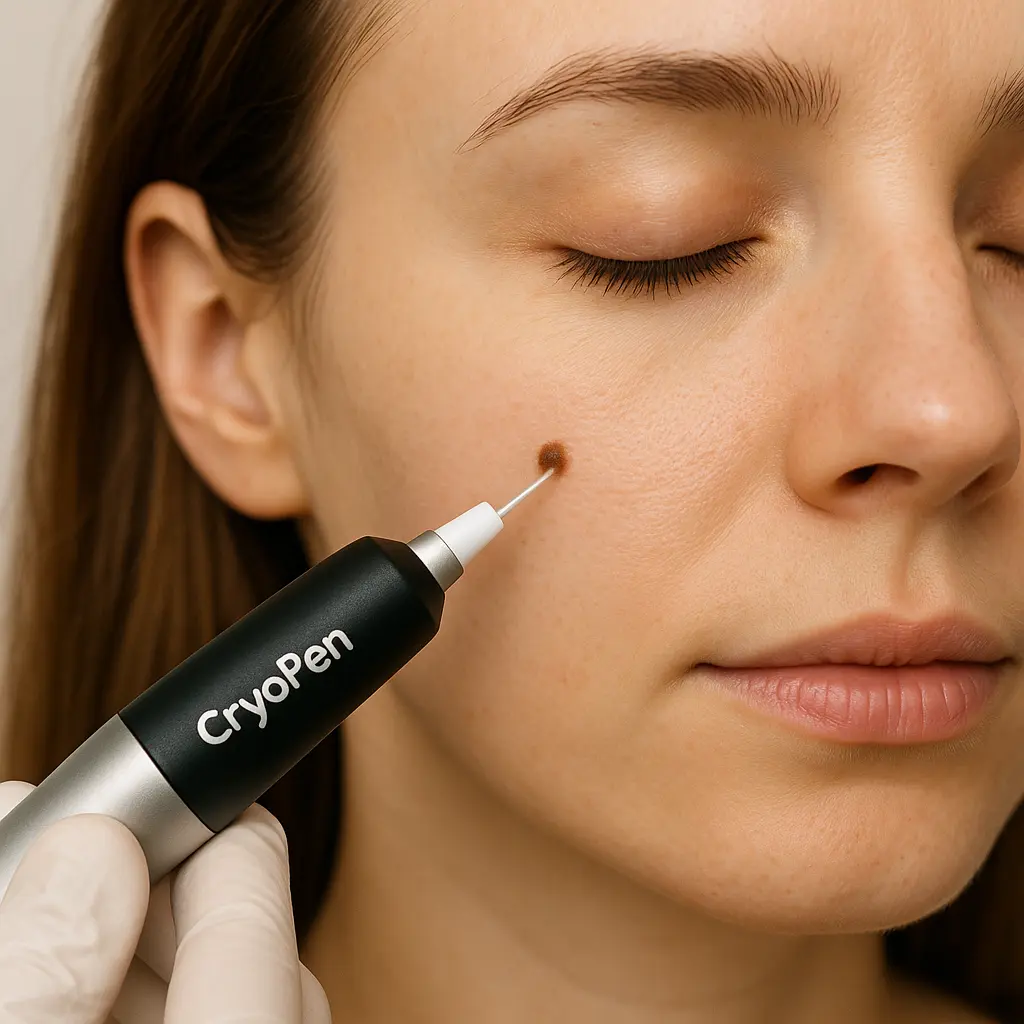 woman receiving facial mole removal Sandy using cryopen 