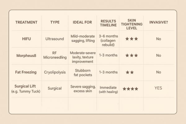 Table showing the comparisons of Skin tightening Sandy treatment options.